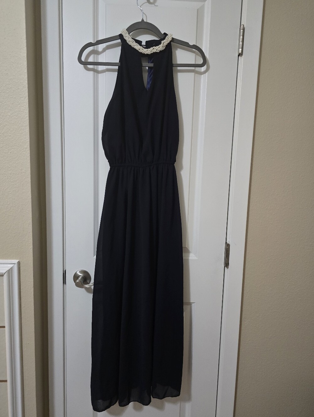 Navy Blue Halter Dress with Pearl Beaded Collar